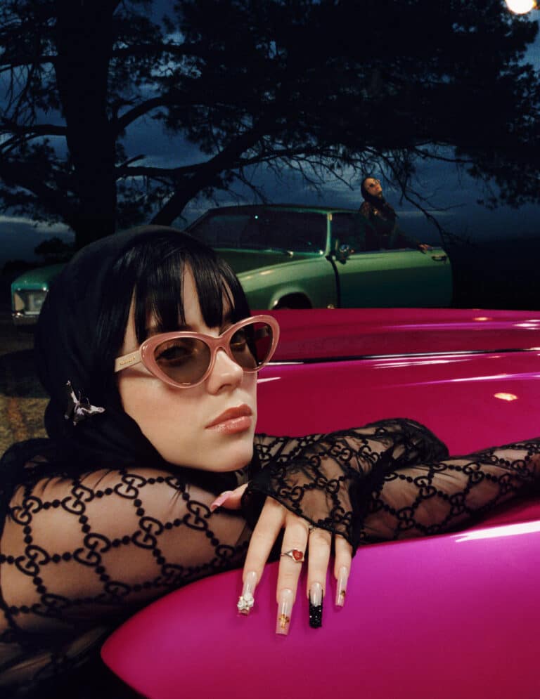 billie eilish wearing gucci on a pink car